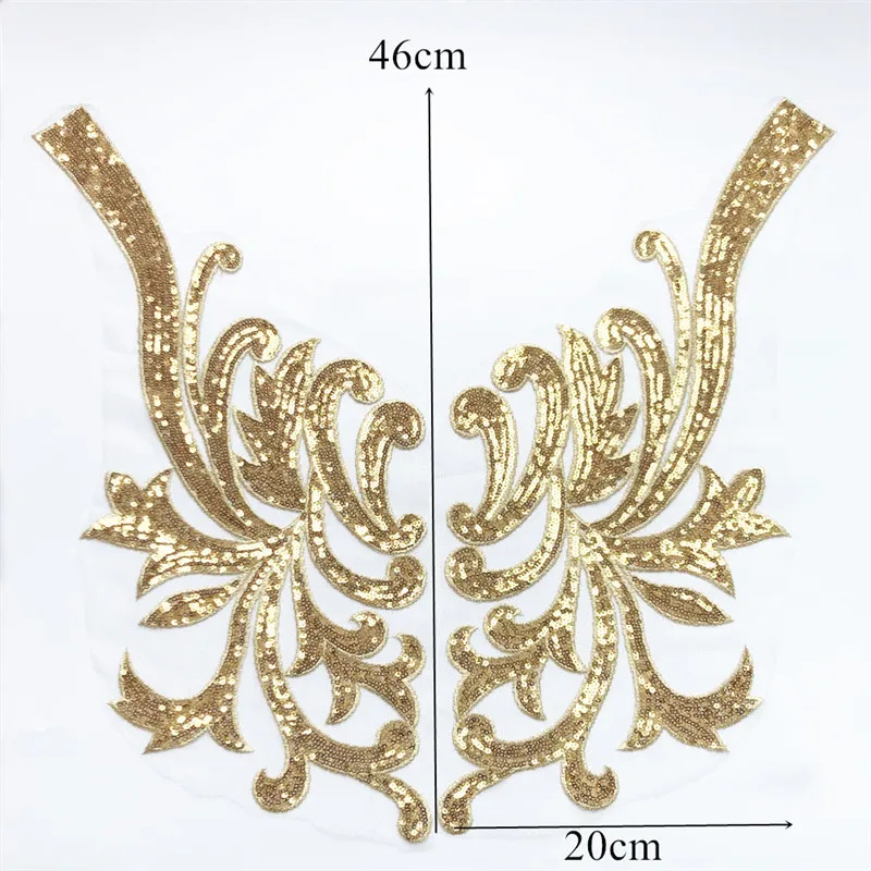 1 Pair Large Sequin Embroidery Lace Fabric Applique Sewing Collar Patch Wedding Gown Bridal Evening Party Dress DIY Crafts