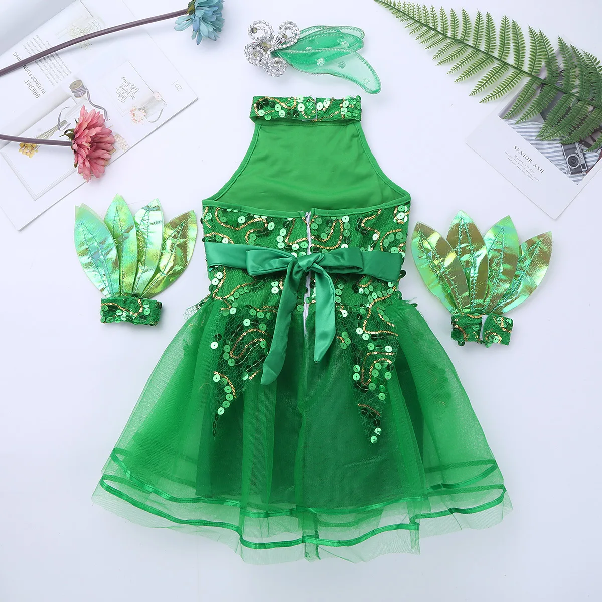 Sequins Ballet Tutu Dress Kids Girls Green Halter Jazz Dance Costume Outfits Shiny Tulle Sleeveless Stage Dancing Leotards