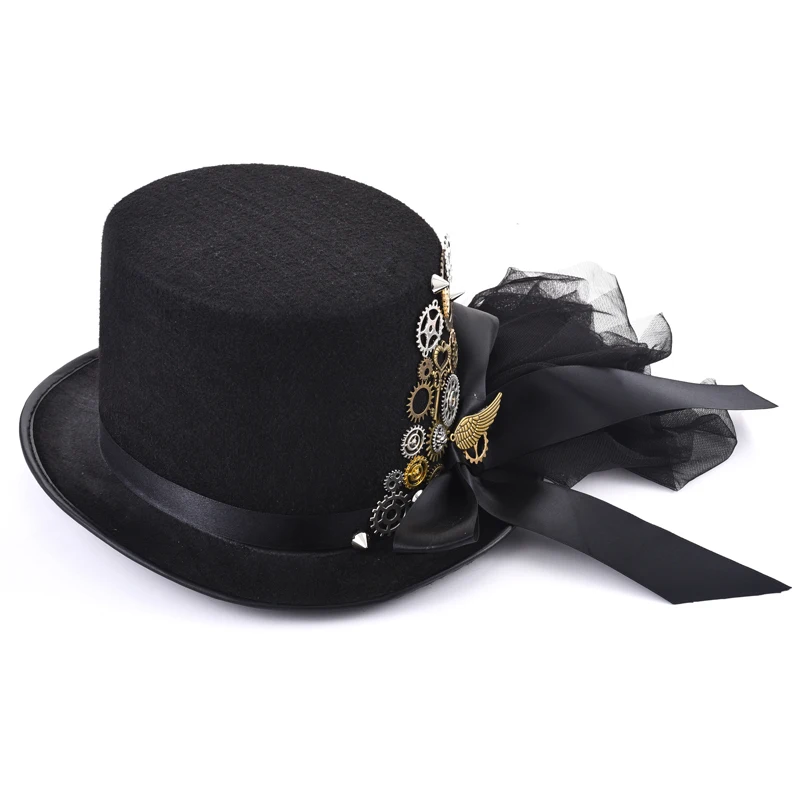 Gothic Victorian Retro Black Top Hat for Men/Women Gears Wing Key Hats With Veils Spikes Bowknot Steampunk Hats Accessories