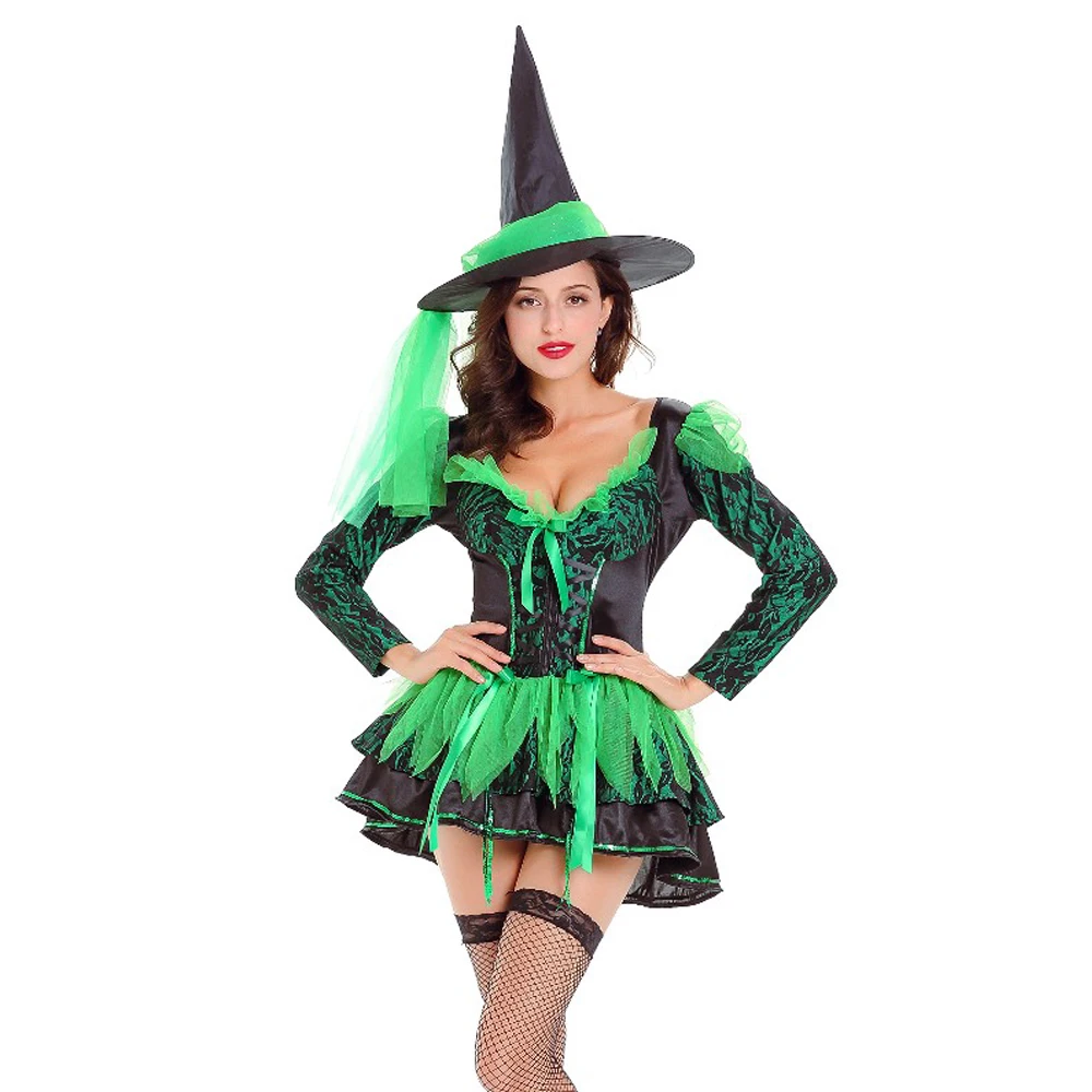 

Deluxe Adult Halloween Witch Costume For Women Sexy Green Magic Moment Costume Carnival Party Fancy Dress