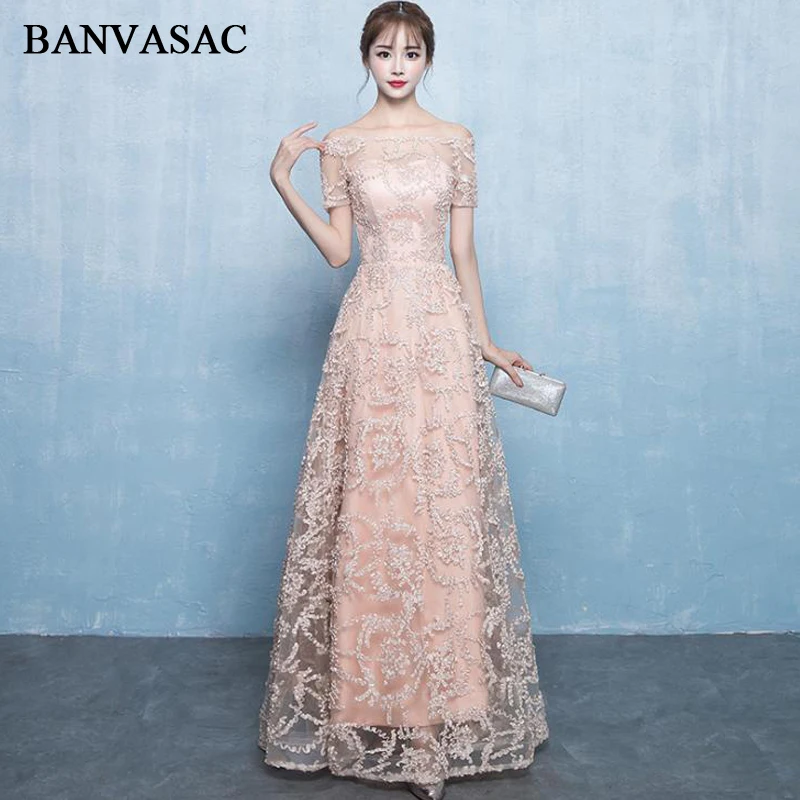 

BANVASAC Illusion Boat Neck Lace Appliques Long Evening Dresses Party A Line Short Sleeve Backless Prom Gowns