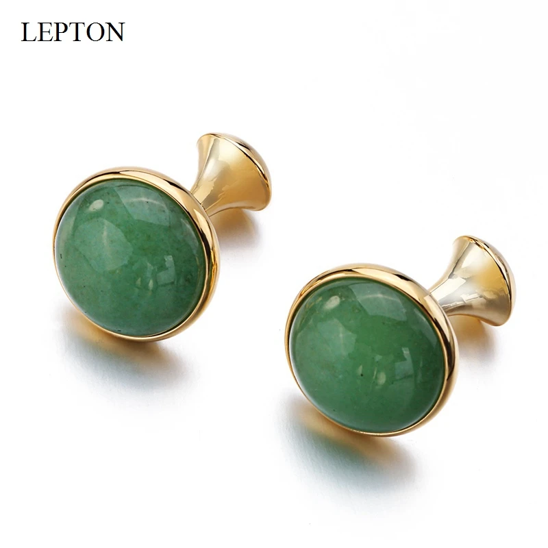 Lepton Opal Cufflinks for Mens Gold Color Low-key Luxury Round Green Aventurine Stone Cuff links Business Wedding Cufflink