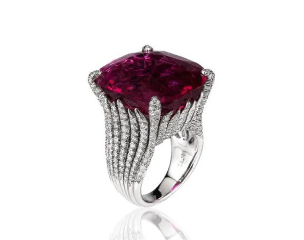Vintage Silver Geometric Big Stone Red Zircon Ring for Women Full Drill Fashion Bohemian Boho Jewelry Luxurious