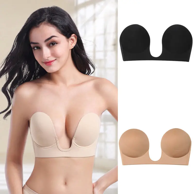 Women Sexy Backless Plunge Bra Strapless Seamless U Shape Adhesive Silicone Invisible Stick On Push up Wire Free Bra Black Nude