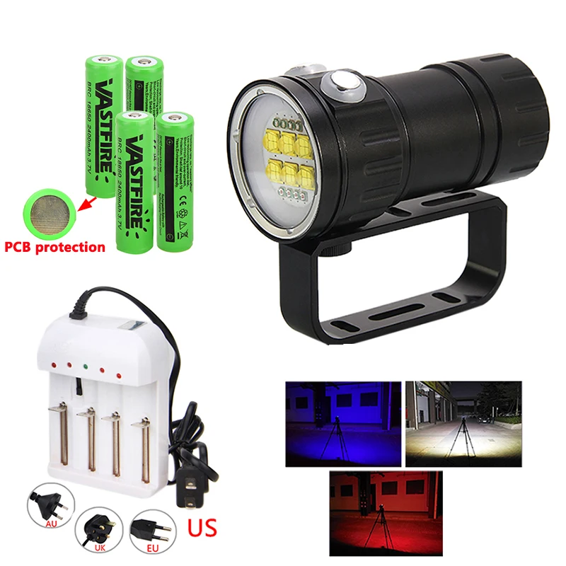 

300W 14 LED 4800lms * 6 underwater photography diving Flashlight Torch White Red Blue multifunction diving fill light flashlight