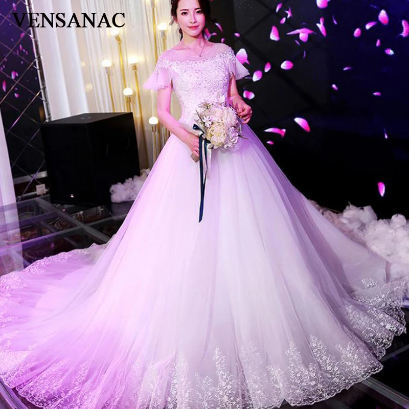 VENSANAC Illusion O Neck 2018 Ball Gown Lace Appliques Wedding Dresses Flare Short Sleeve Court Train Bridal Dress