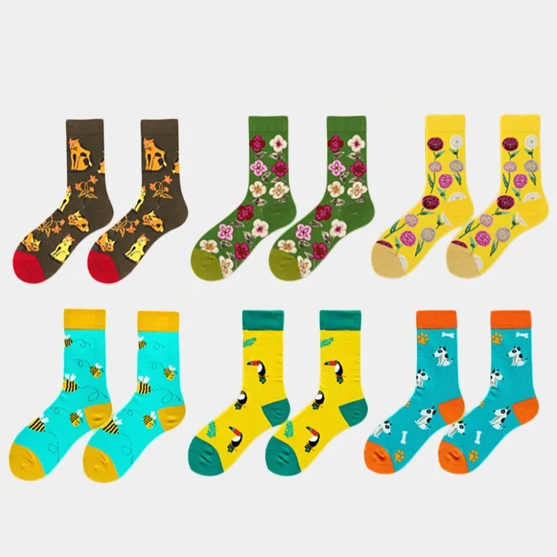 Men Socks Funny Cartoon Bird Bee Cat Dog Flower Cute Harajuku Happy Skate Korea Street Male Hip Hop Vintage Casual Cotton Socks