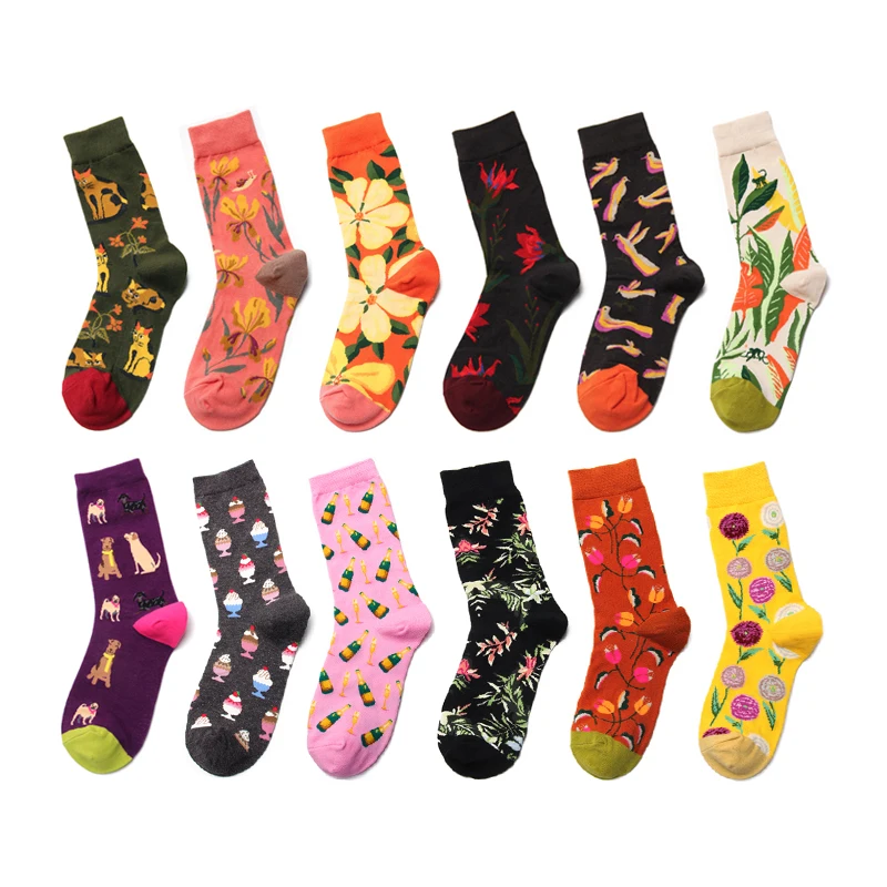 Cartoon Flowers Plants Colorful Skate Harajuku Funny Cute Socks Women Kawaii Korean Street Hip Hop Hipster Vintage Autumn Winter