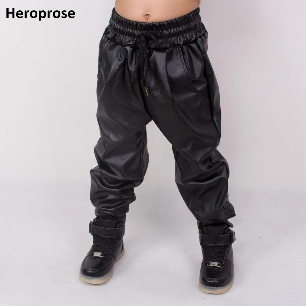 Heroprose Fashion Children\'s Clothing Kids Adults Hip Hop Baggy Harem Trousers PU Faux Leather Front Pleated Dance Skinny Pants