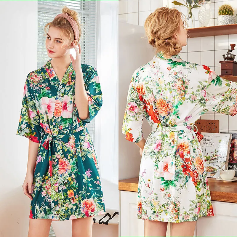 

Free shipping 2022 new Imitate Real Silk Robe Ma'am Season In Sleeve Silk Home Furnishing Robe