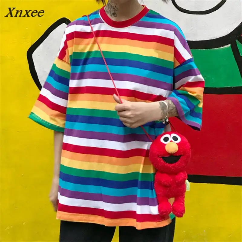 Xnxee Harajuku BF Style Loose Camisetas Vintage Rainbow Striped T Shirts Women 2018 Summer New Arrivals Fashion T-shirt 68087