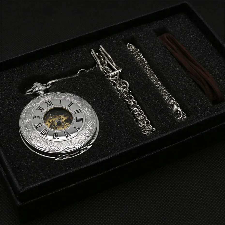 Vintage Mechanical Pocket Watch Set Luxury Pendant Watches for Men Pendant Clock Necklace Chain Pouch Bag reloj de bolsillo