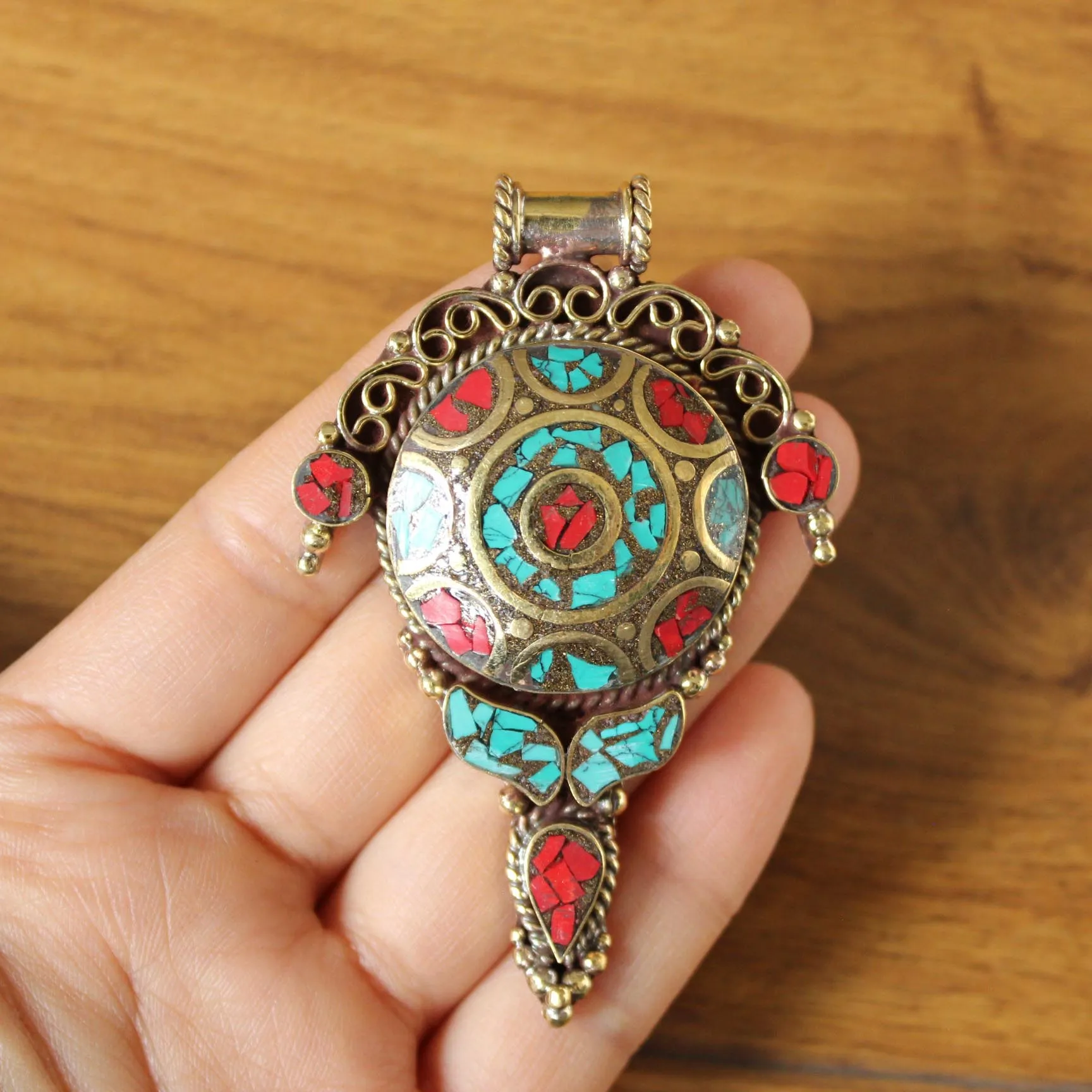 PN049 Ethnic Tibetan Jewelry Brass Colorful Stone Flower Women Pendant Necklace Handmade Nepal Pendants