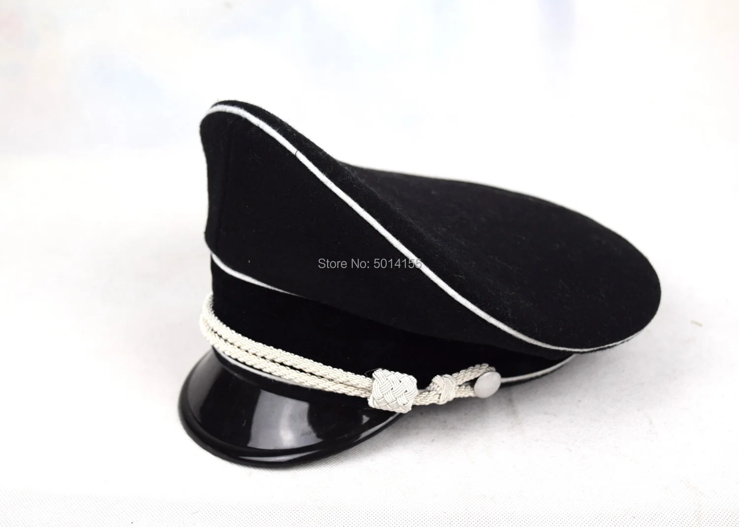 

Replica WW2 German Elite Officer's Wool Visor Hat W White Chin Pipe Silver Cord & Hat sweat ring made of Leather