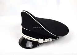 Cosplay German Elite Officer's Wool Visor Hat W White Chin Pipe Silver Cord & Hat sweat ring made of Leather
