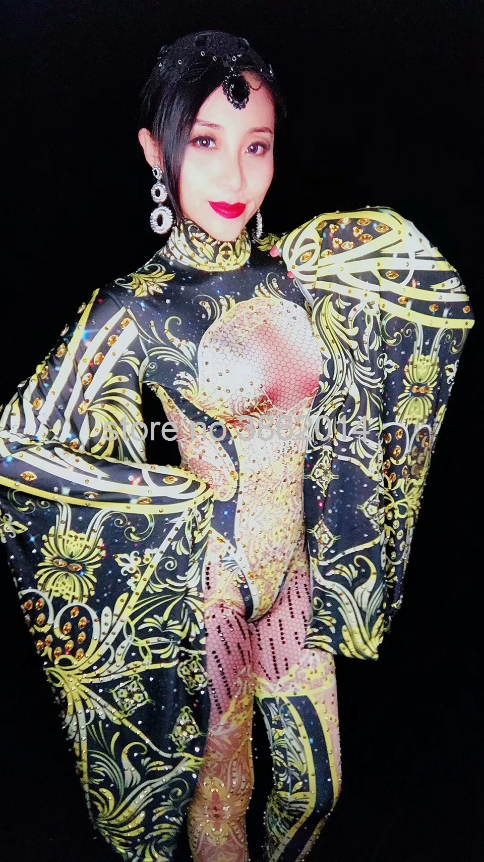 Fashion Black Yellow Bat Sleeve Crystals Jumpsuit Women Nightclub Celebrity Prom Party Outfit Singer Performance Dance Costume