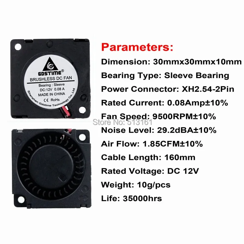 10 cái Gdstime 12 v 30 mét 3 cm Tay Áo Mang Blower Fan 30 mét x 30 mét x 10 mét Tốc Độ Cao 0.08A Quạt Làm Mát Cooler Fan