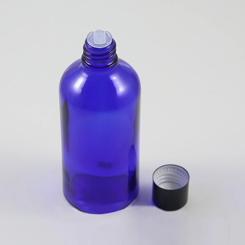 High quality 100ml glass blue bottle with black aluminium stopper for sale well