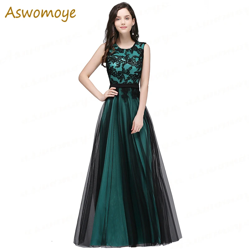 2019 Lange Avondjurk Applicaties een Line Prom Party Dress Mouwloze O-hals Side Verborgen Rits Formele Jurken Robe De Soiree