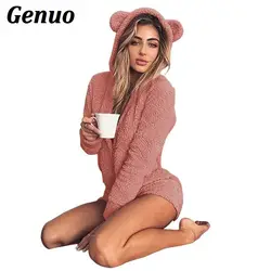 Warm Pajama Adults Lady Autumn Winter Hooded Rabbit Ear Fleece Long Sleeve Women Velvet Sleepwear Short Jumpsuit Pajamas Genuo