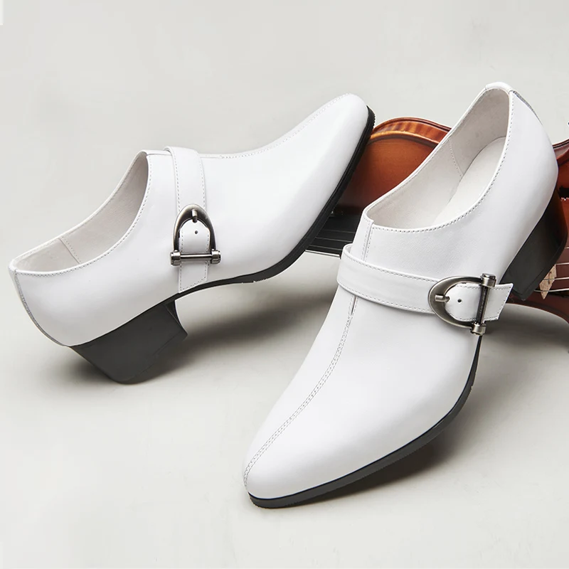 

New Real Leather Men's Elegant Buckle Belt High Heeled Wedding Shoes Businessman Heightened 5 Cm Casual