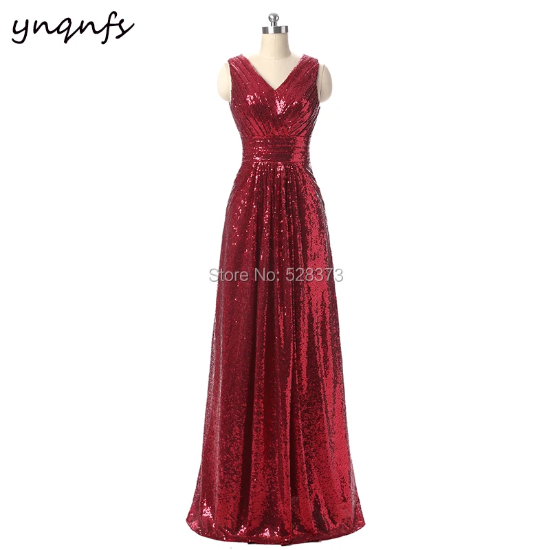 

YNQNFS B30 Party dresses Chic V Neck Sleeveless A Line Sparkling Multi Color Party Gown Burgundy Sequin bridesmaid dresses