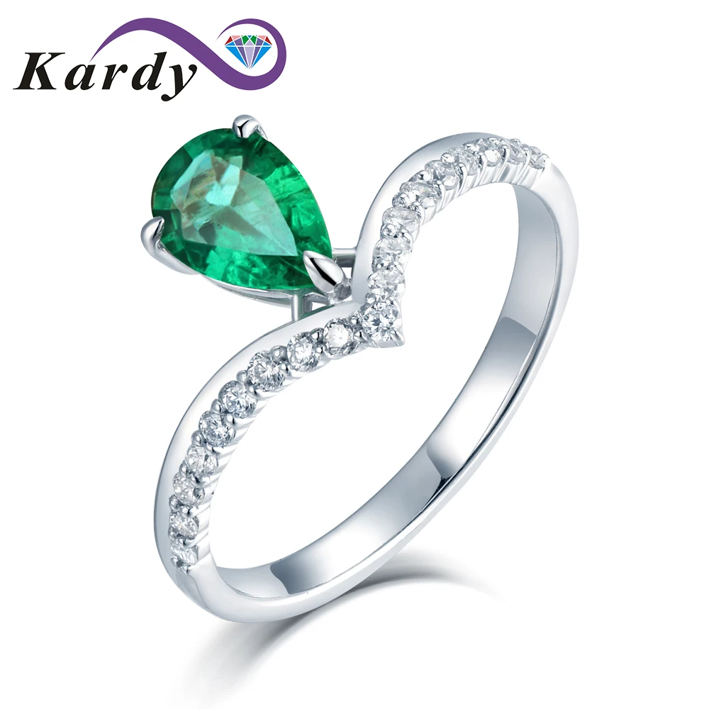 

Elegant 14k White Gold Natural 0.51ct Pear Emerald Gemstone 0.266ct Full Cut Diamond Wedding Engagement Ring Set for Women