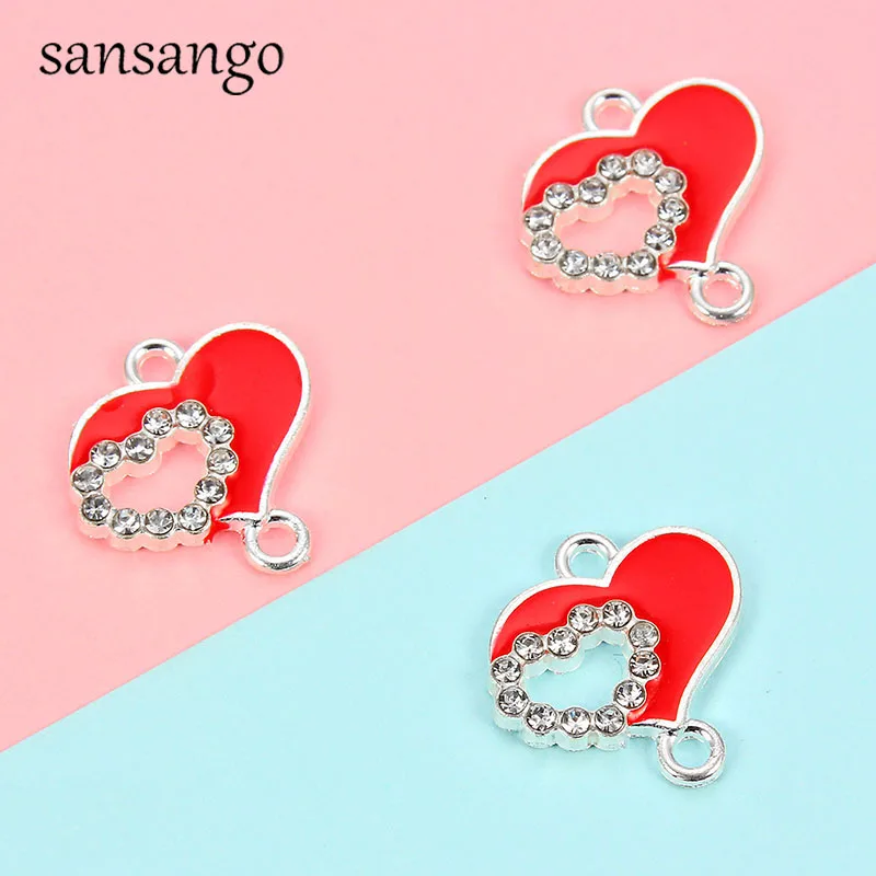 10pcs Red Enamel Love Heart Pendant  Charms Connector DIY Crystal Bracelet Necklace Earrings For Women Jewelry Making Finding