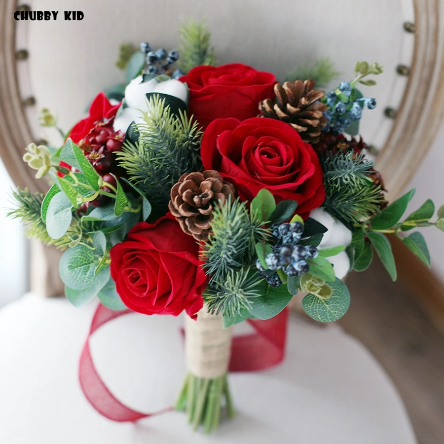 Christmas style high simulation velvet red rose wedding bouquet Hi-Q artificial rose fake fruit bridal bouquet for wedding party