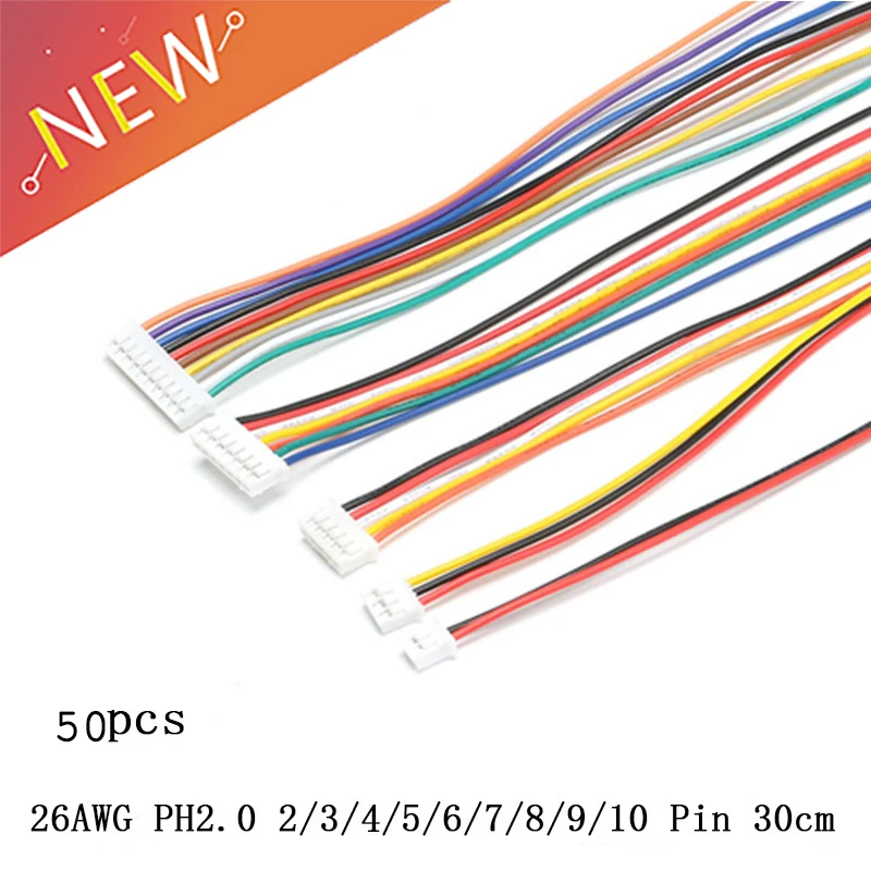 50Pcs/lot JST 2.0 PH 2.0 2/3/4/5/6/7/8/9/10-Pin Connector Plug With Wires Cables 26AWG New S18 Drop ship