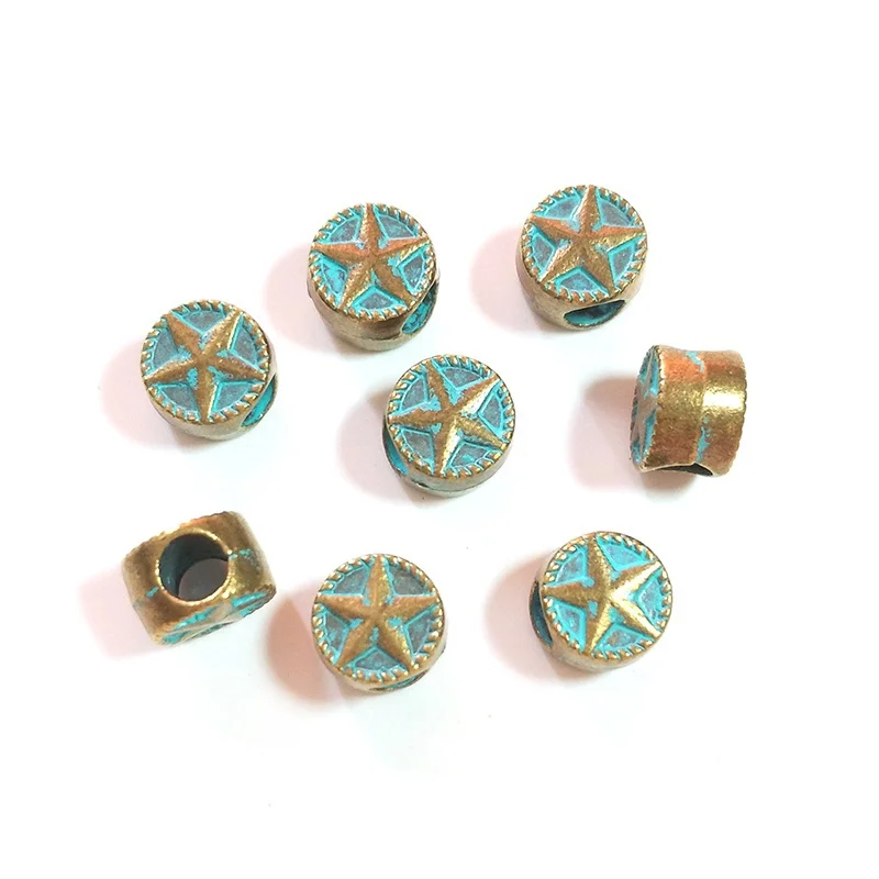 10pcs/bag 10MM Retro Patina Plated Zinc Alloy Green Round Big Hole Star Beads For DIY Bracelet Jewelry Accessories