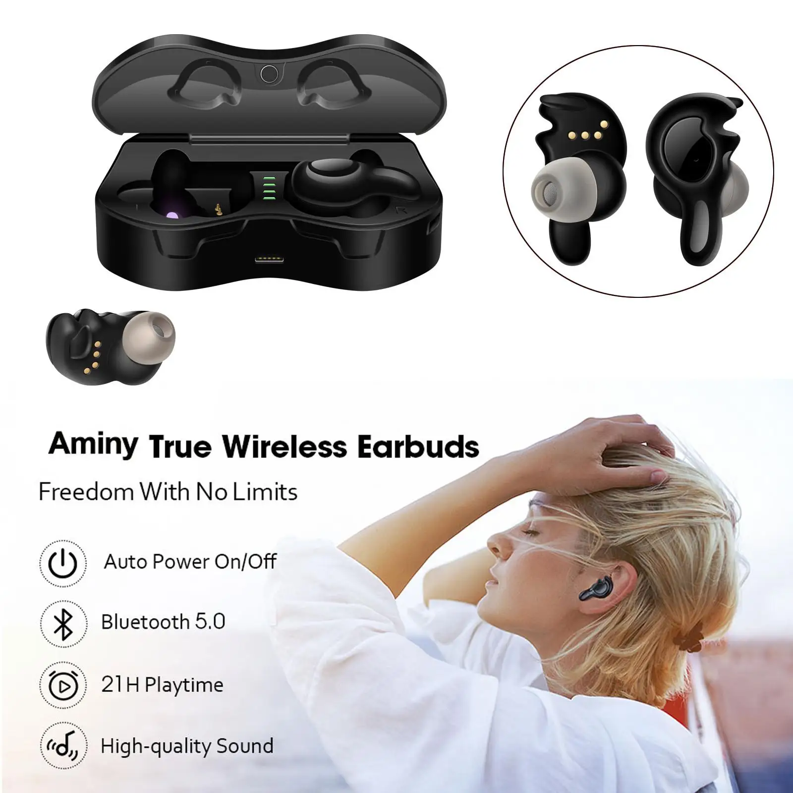 True Wireless Headphones Twins Stereo Earphones Mini Earbuds with Microphone for Android iOS Cell Phones Bluetooth-compatible