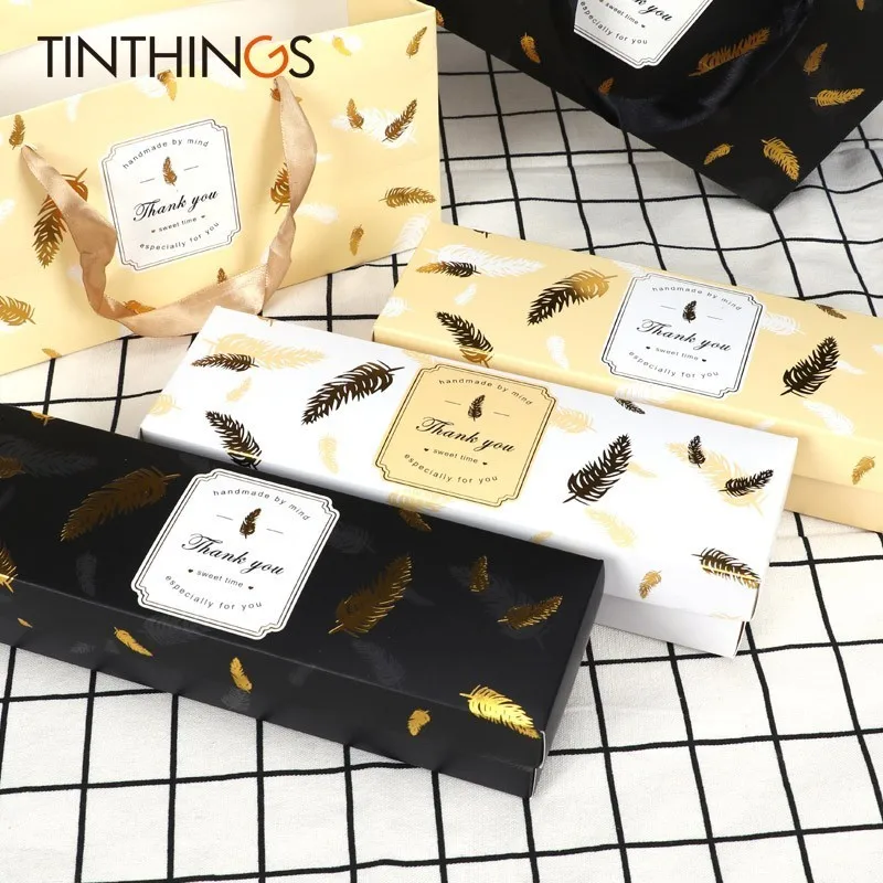 20 PCS Wedding Box For Candy Chocolate Sweet Gift Box Packaging Black Bronzing Feather Birthday Party Favor Paper Bag Cake Box