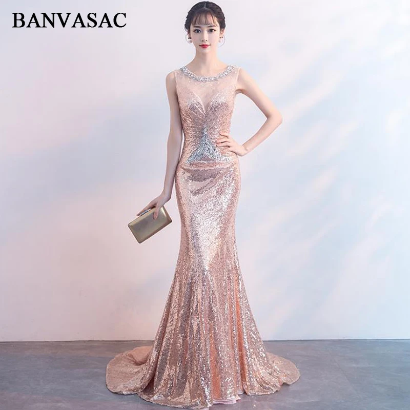 

BANVASAC Luxury Crystal O Neck Sequined Mermaid Long Evening Dresses Party Illusion Backless Sweep Train Prom Gowns