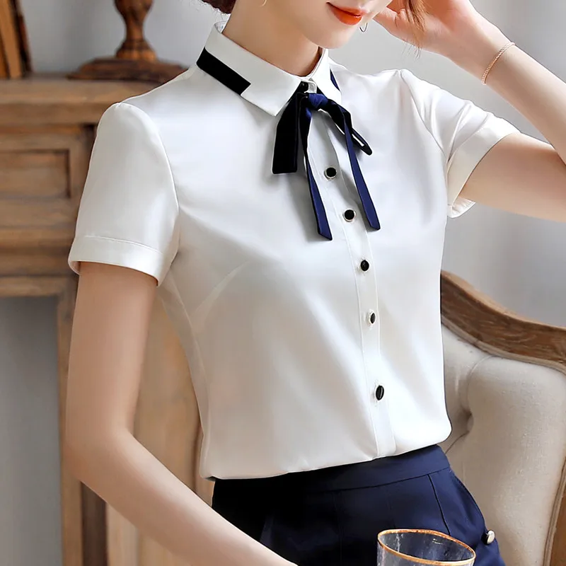 Elegant Bow Shirt Blusas De Mujer Bonitas Y Baratas Fashion Short Sleeve Chiffon Blouses Office Ladies Casual Tops