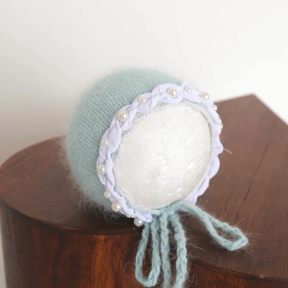 

Soft Fluffy hat Newborn knit silk bonnet photography props Knit Baby Gril Pearl Bonnet photo prop