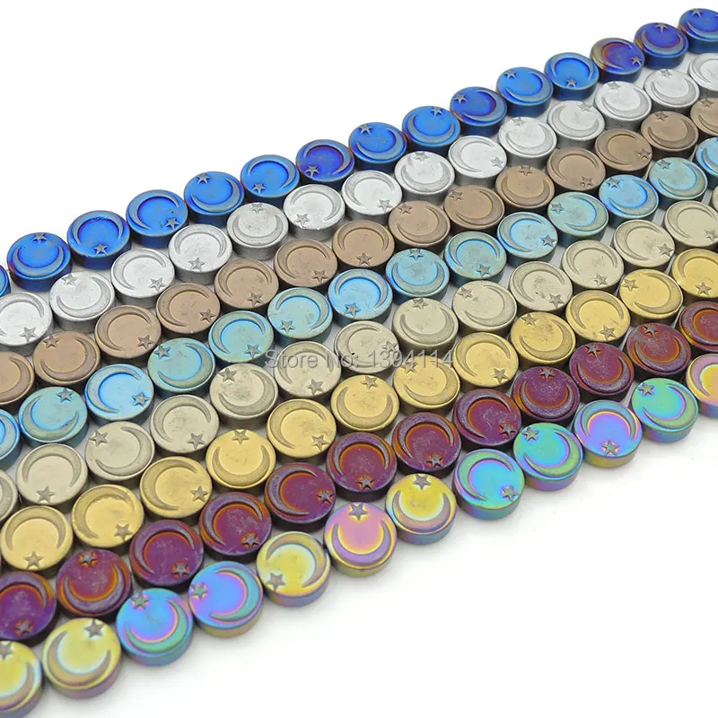 10*10*4mm Titanium Colors Frosted Hematite Round Flat Beads Of Moon Star Relief 16 Inch Full Strand