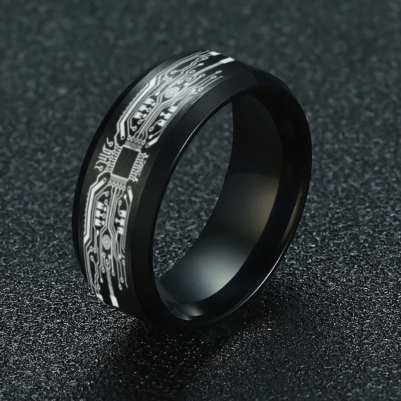 8mm Black Wedding Band Brushed Finish Circuit Board Pattern Laser Engraved Stainless Steel Ring for Men