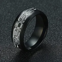 8mm Black Wedding Band Brushed Finish Circuit Board Pattern Laser Engraved Stainless Steel Ring for Men