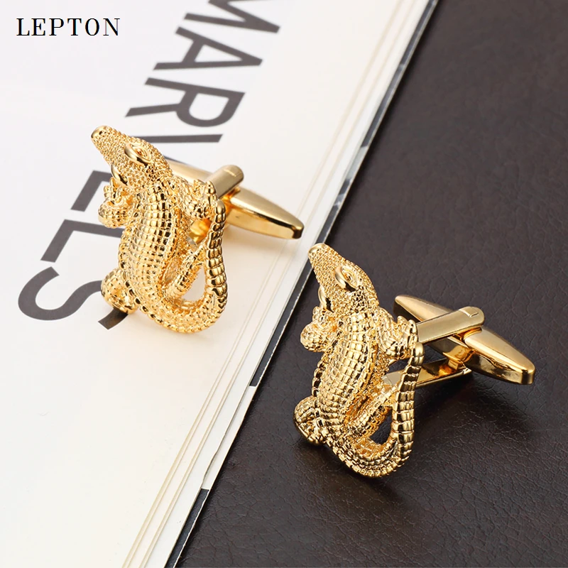 

Lepton Crocodile Cufflinks for Mens Gold & Black & Silver Color Novelty Animal Cufflinks Copper Alligator Cuff links Gemelos