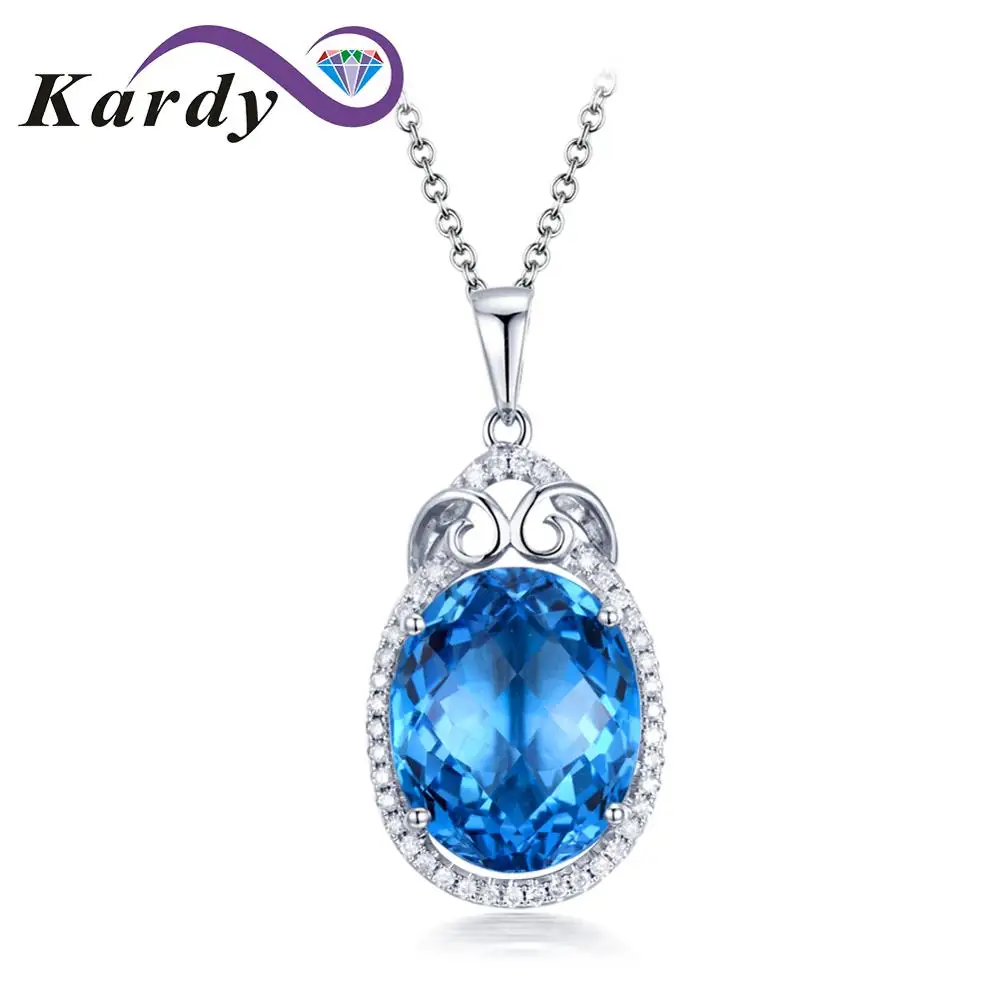 

Fashion Solid 14K White Gold Diamond Blue Oval Topaz Gemstone Engagement Wedding Promise Necklace Pendant Sets