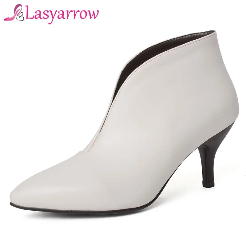 

Lasyarrow Women Riding Ankle Boots Black White Spring Autumn Pointed toe Fashion Slip On Shoes Casual Ladies boots high heels