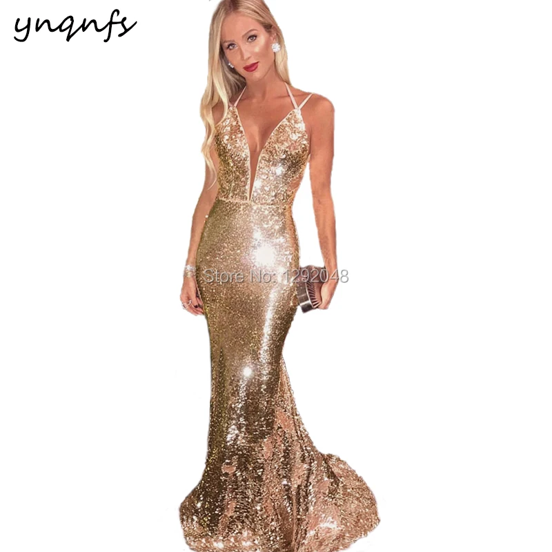 

YNQNFS E24 Sexy Open Bust Pink Bling Sequin Gown Party Prom 2019 Mermaid Evening Dress Long