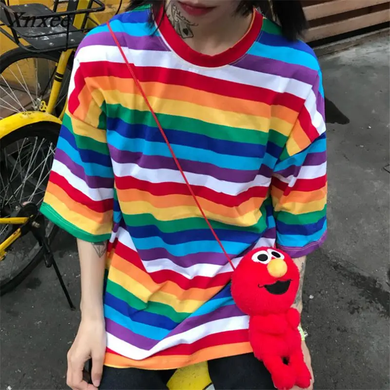 Xnxee Harajuku BF Style Loose Camisetas Vintage Rainbow Striped T Shirts Women 2018 Summer New Arrivals Fashion T-shirt 68087