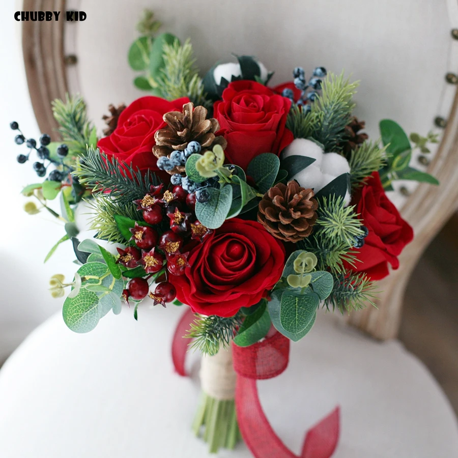 Christmas style high simulation velvet red rose wedding bouquet Hi-Q artificial rose fake fruit bridal bouquet for wedding party