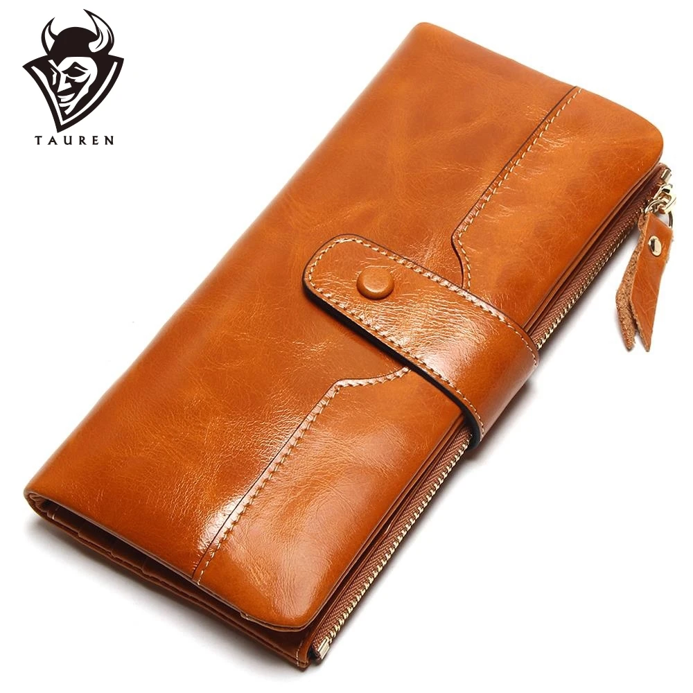 

TAUREN 100% Genuine Leather Women Phone Wallet Long Purse Lady Oil Wax Cowhide Multiple Cards Holder Clutch Fashion