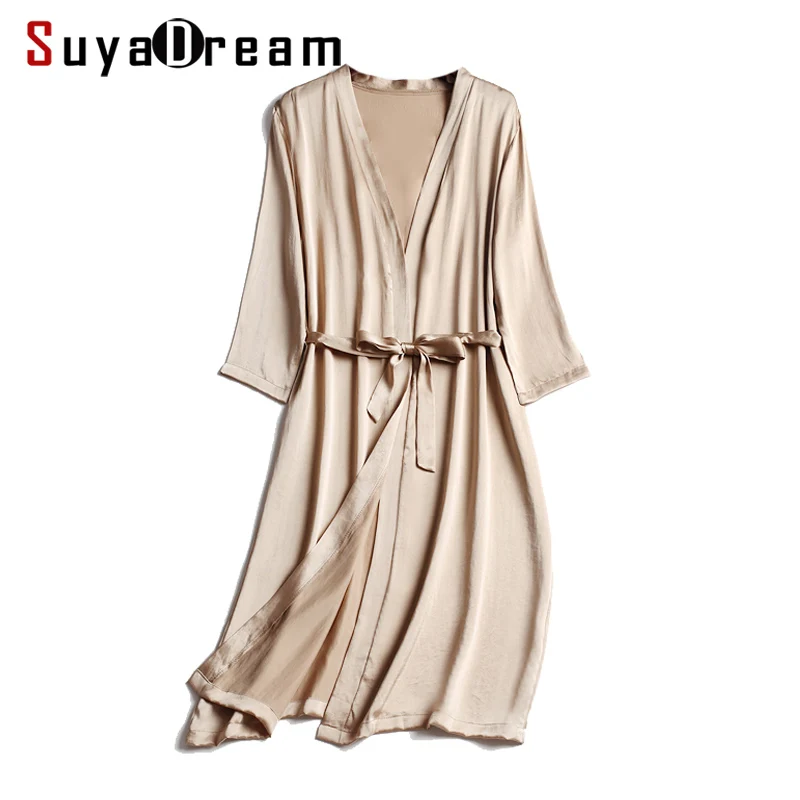 

SuyaDream 100% Natural silk Women Robes Silk Satin Knee length robe Belted Healthy Sleep wear 2021 Spring Fall Home Wears Kimono