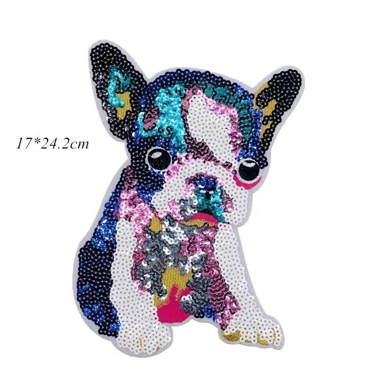 PGY Animal Big Patch Dog Bulldog Embroidered Sew On Cartoon Patches For Clothes Badge DIY Sequin Applique For T-shirt Stickers