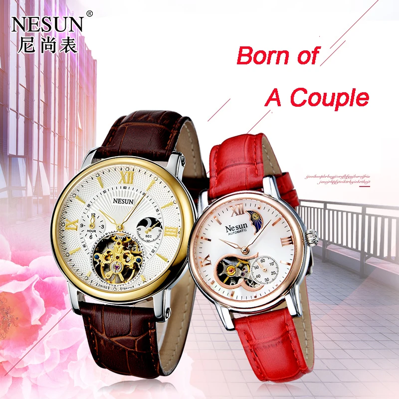 New Switzerland NESUN Luxury Brand Automatic Mechanical Men & Women Watches Sapphire Skeleton Moon Phase Couple\'s Clock N9091-L