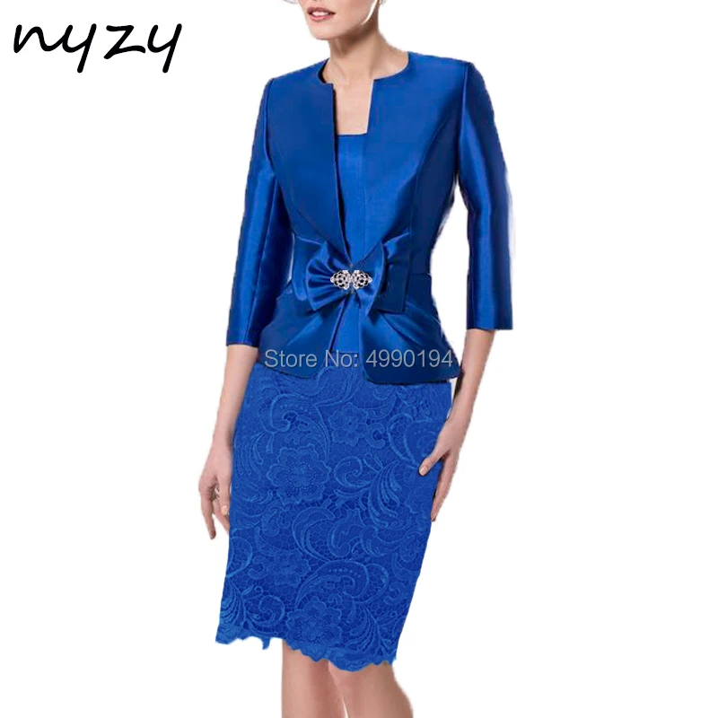 NYZY M118 Mother Dress vestido madrinha Lace Satin Royal Blue Two Piece Jacket Bolero Outfits Wedding Party Dress Church Suits